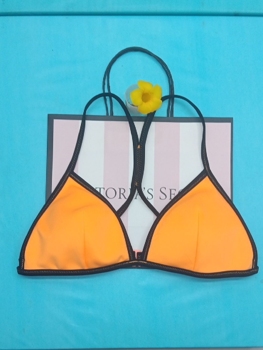 Victoria's Secret Coral Bikini Top with Black Trim Size L